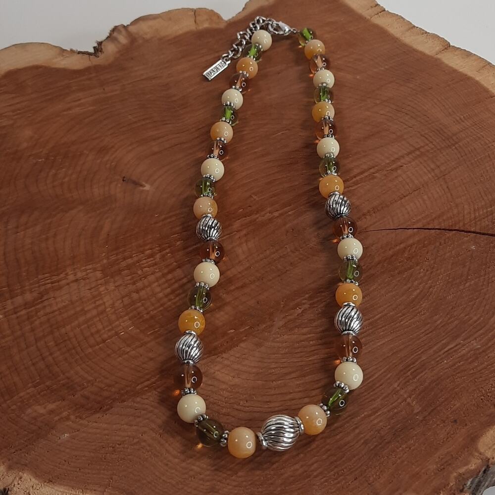 Napier Silver Tone, Glass and‎ Stone Bead Necklace Green Brown White